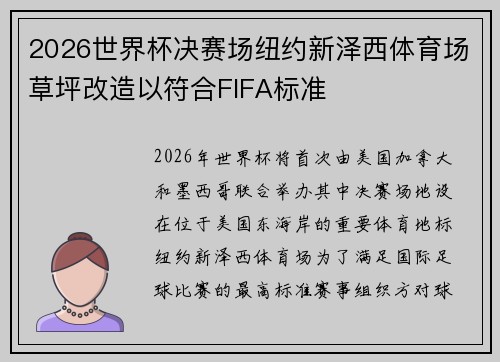 2026世界杯决赛场纽约新泽西体育场草坪改造以符合FIFA标准