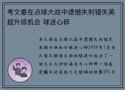 考文垂在点球大战中遗憾失利错失英超升级机会 球迷心碎