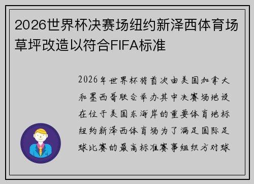 2026世界杯决赛场纽约新泽西体育场草坪改造以符合FIFA标准